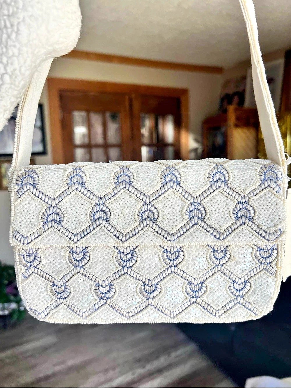 Anthropologie Beaded Geometric Shoulder Bag in White & Blue
